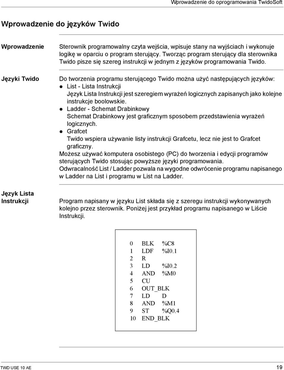 Do tworzenia programu sterującego Twido można użyć następujących języków: List - Lista Instrukcji Język Lista Instrukcji jest szeregiem wyrażeń logicznych zapisanych jako kolejne instrukcje