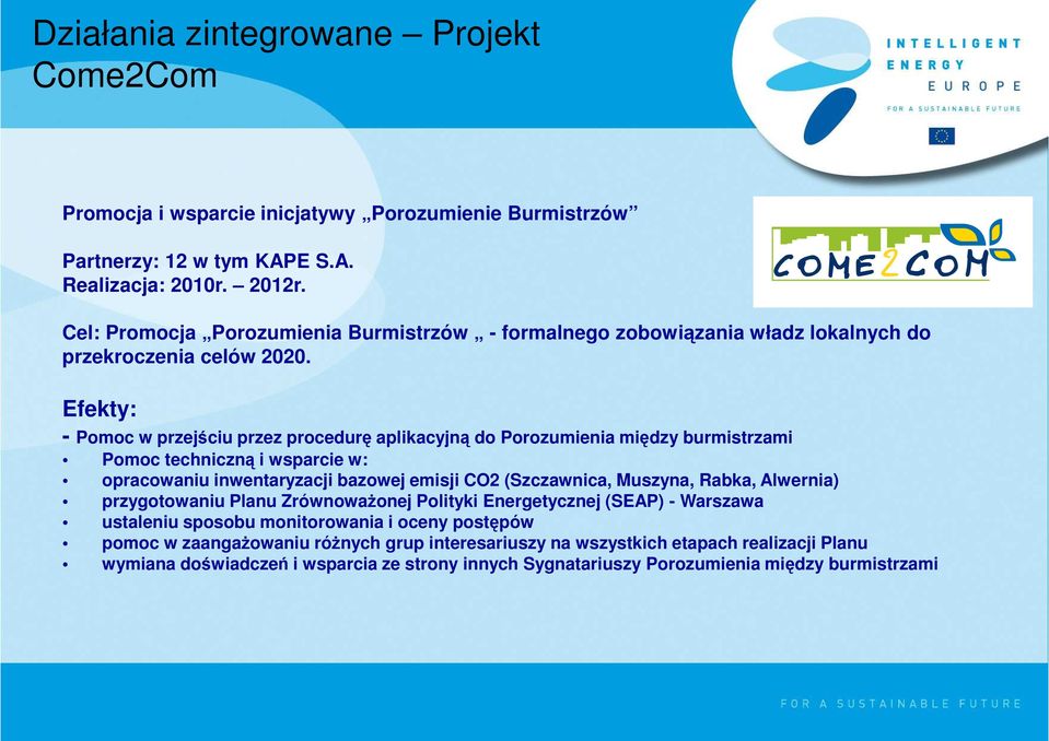 Efekty: - Pomoc w przejściu przez procedurę aplikacyjną do Porozumienia między burmistrzami Pomoc techniczną i wsparcie w: opracowaniu inwentaryzacji bazowej emisji CO2 (Szczawnica, Muszyna,