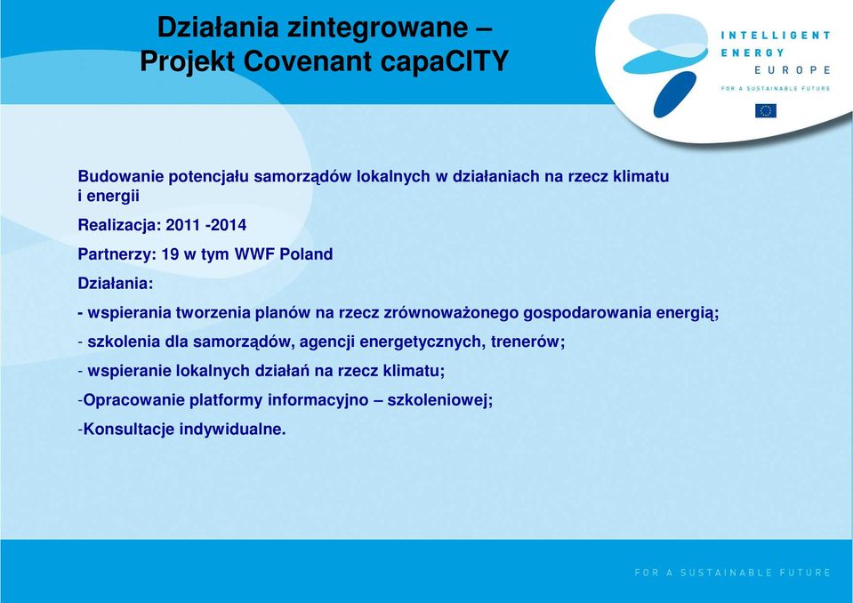 rzecz zrównoważonego gospodarowania energią; - szkolenia dla samorządów, agencji energetycznych, trenerów; -