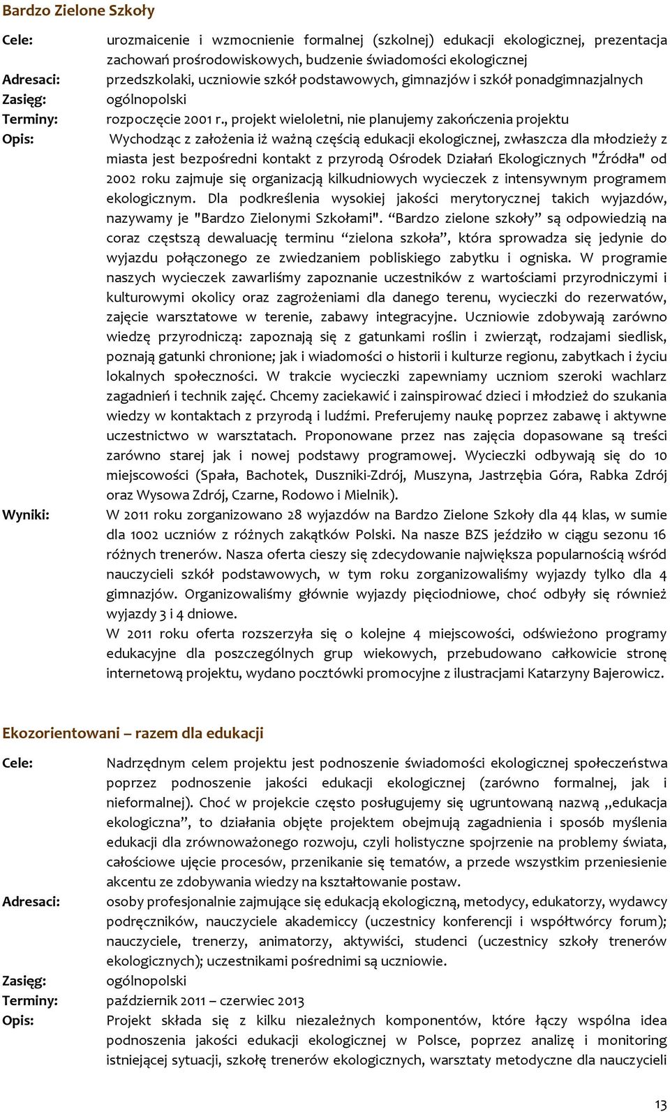 , projekt wieloletni, nie planujemy zakończenia projektu Wychodząc z założenia iż ważną częścią edukacji ekologicznej, zwłaszcza dla młodzieży z miasta jest bezpośredni kontakt z przyrodą Ośrodek