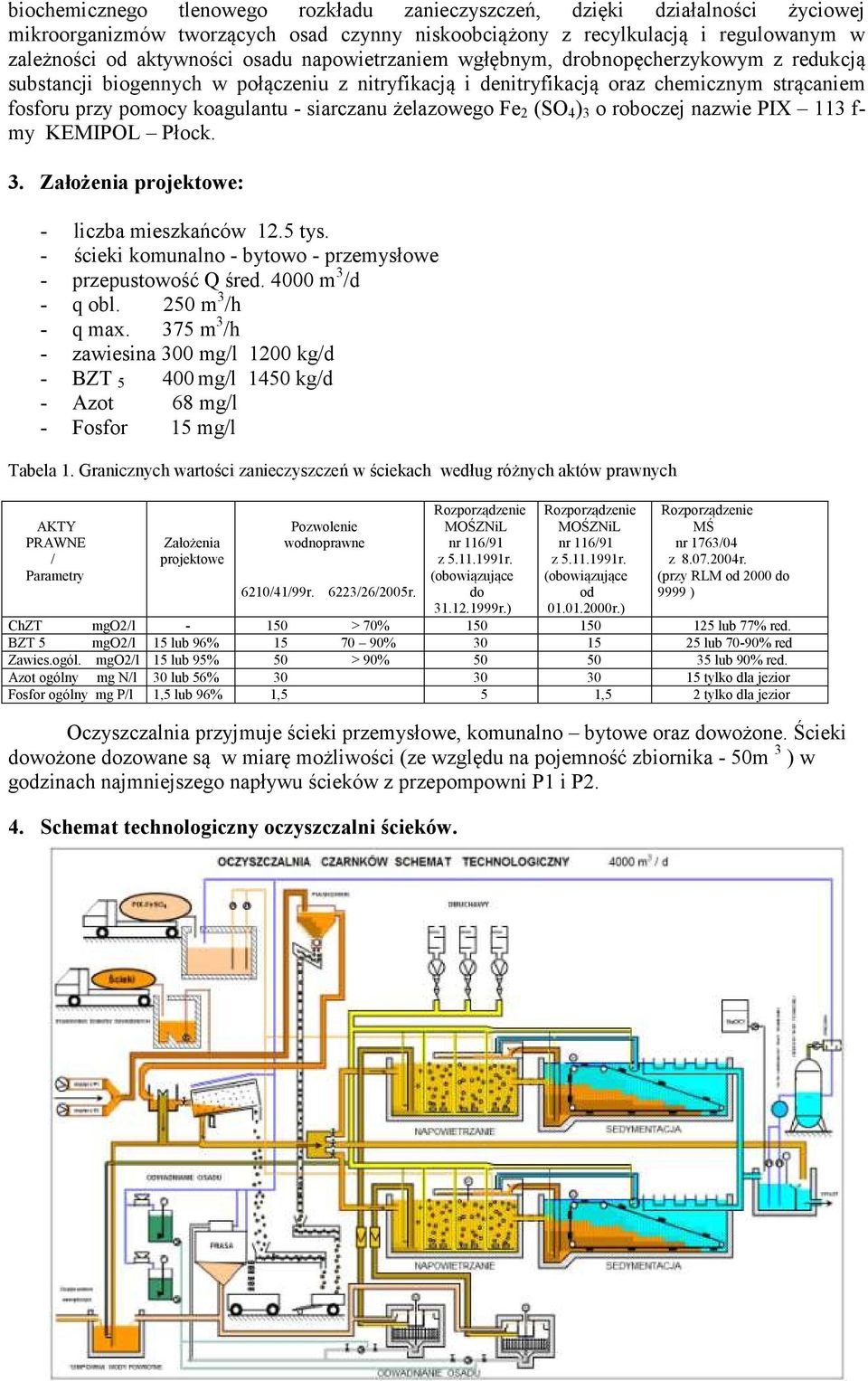 żelazowego Fe 2 (SO 4 ) 3 o roboczej nazwie PIX 113 f- my KEMIPOL Płock. 3. Założenia projektowe: - liczba mieszkańców 12.5 tys. - ścieki komunalno - bytowo - przemysłowe - przepustowość Q śred.