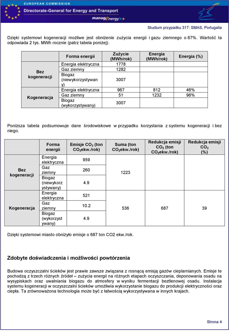 3007 Poniższa tabela podsumowuje dane środowiskowe w przypadku korzystania z systemu kogeneracji i bez niego.