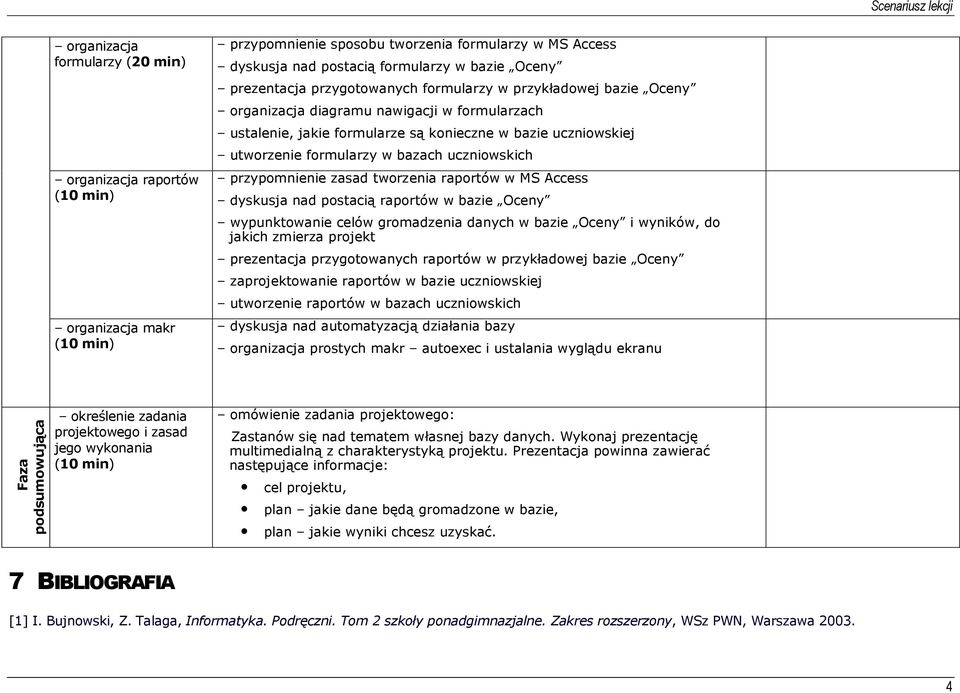 przypomnienie zasad tworzenia raportów w MS Access dyskusja nad postacią raportów w bazie Oceny wypunktowanie celów gromadzenia danych w bazie Oceny i wyników, do jakich zmierza projekt prezentacja