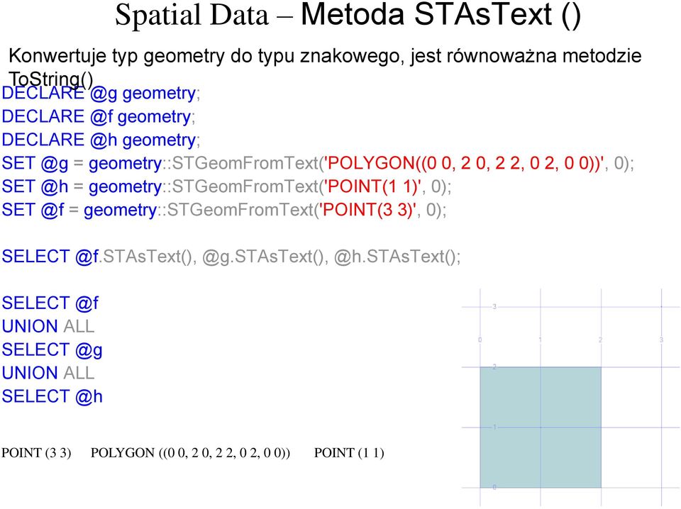 SET @h = geometry::stgeomfromtext('point(1 1)', 0); SET @f = geometry::stgeomfromtext('point(3