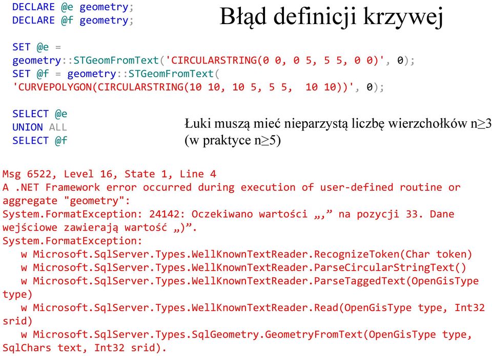 NET Framework error occurred during execution of user-defined routine or aggregate "geometry": System.FormatException: 24142: Oczekiwano wartości, na pozycji 33. Dane wejściowe zawierają wartość ).