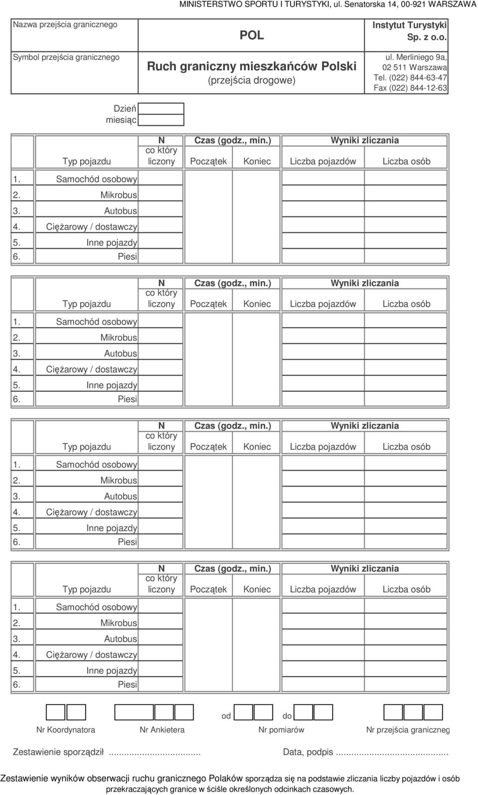 ) liczony Początek Koniec Liczba pojazdów Liczba osób 1. Samochód osobowy 2. Mikrobus 3. Autobus 4. CięŜarowy / dostawczy 5. Inne pojazdy 6.