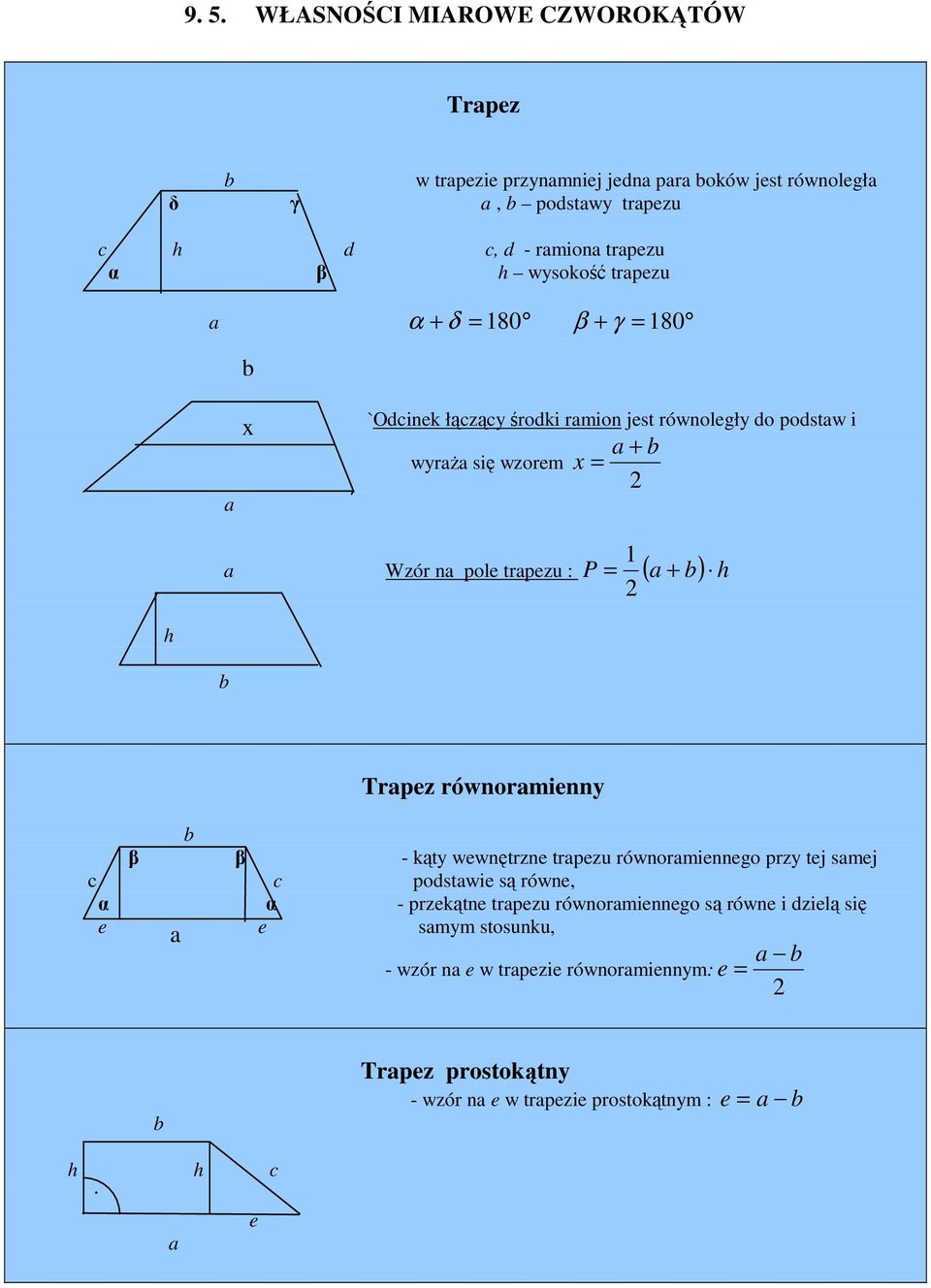 h h Trpez równormienny β β - kąty wewnętrzne trpezu równormiennego przy tej smej c c postwie są równe, α α - przekątne trpezu
