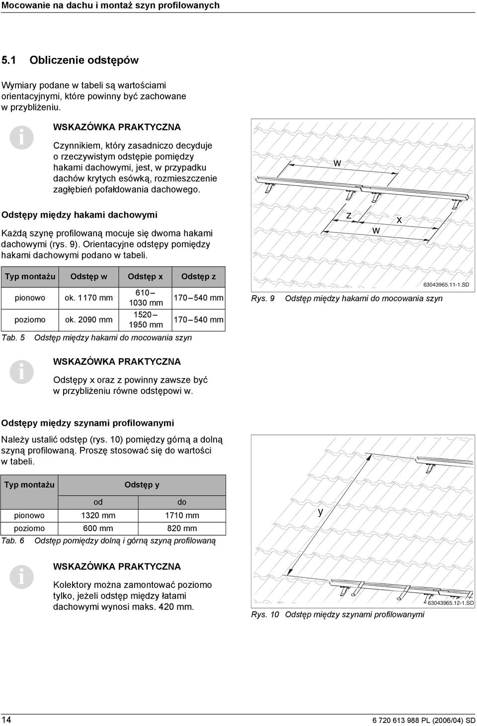 Odstępy mędzy hakam dachowym Każdą szynę proflowaną mocuje sę dwoma hakam dachowym (rys. 9). Orentacyjne odstępy pomędzy hakam dachowym podano w tabel.