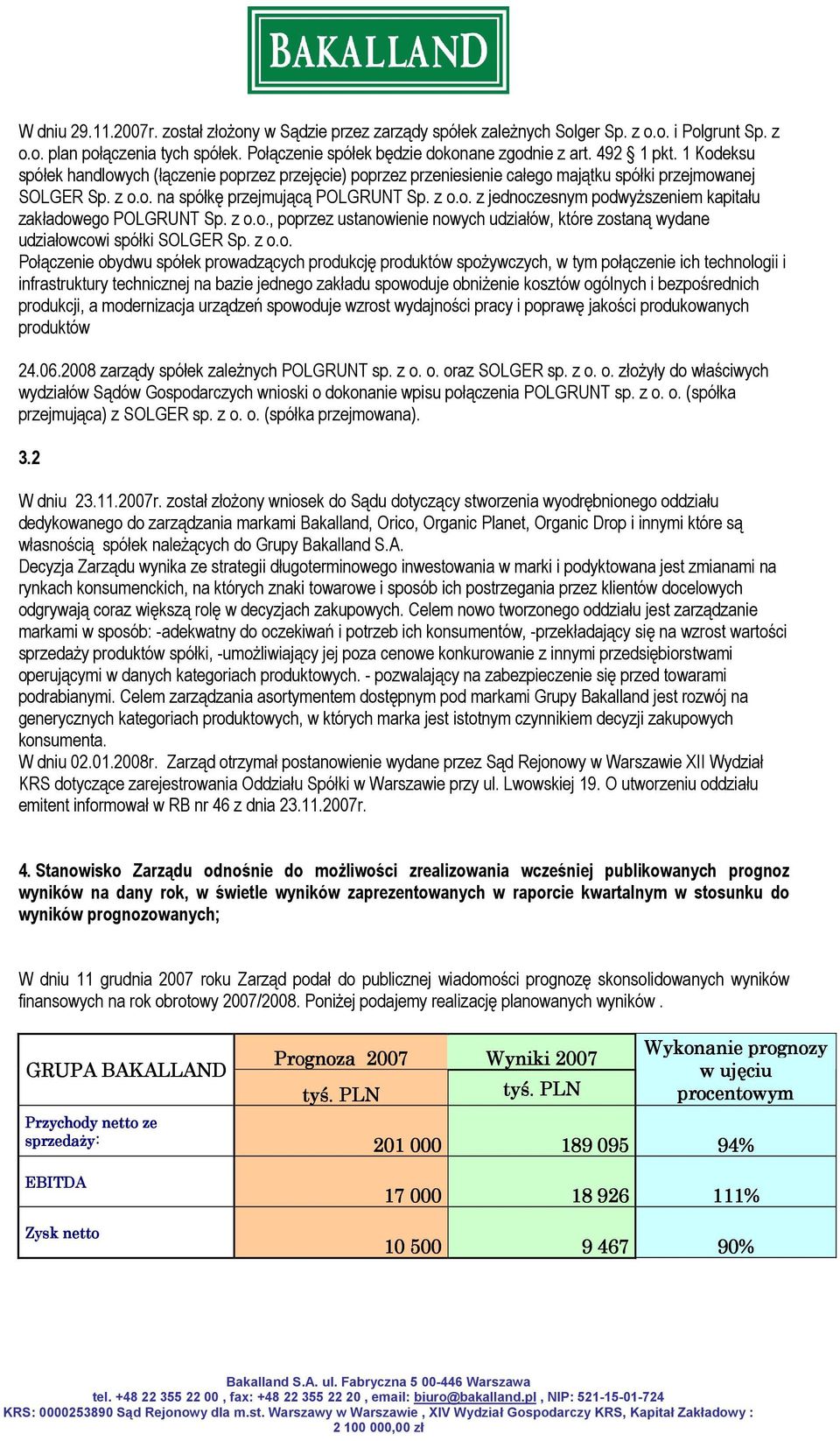 z o.o., poprzez ustanowienie nowych udziałów, które zostaną wydane udziałowcowi spółki SOLGER Sp. z o.o. Połączenie obydwu spółek prowadzących produkcję produktów spożywczych, w tym połączenie ich