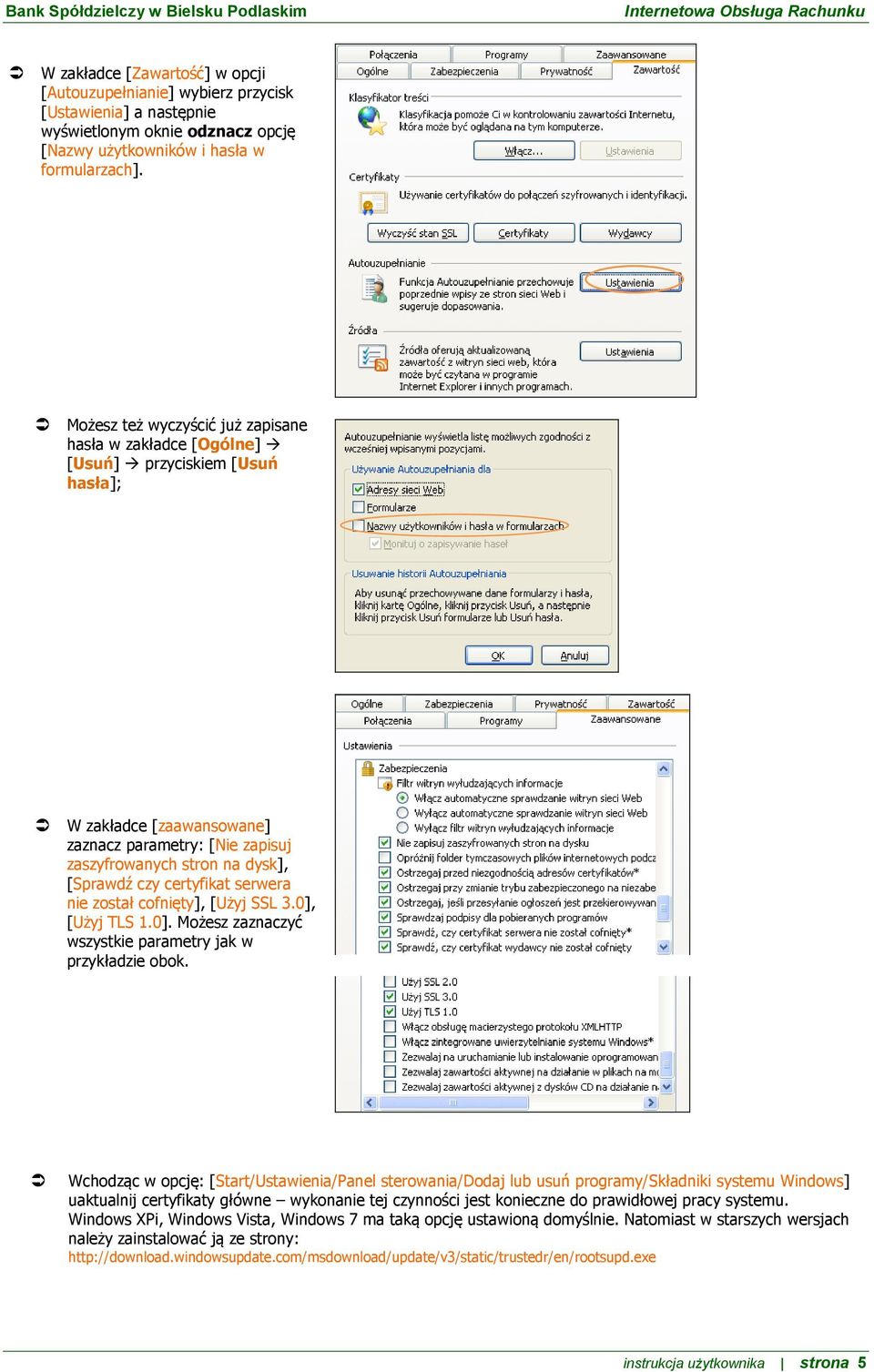 certyfikat serwera nie został cofnięty], [Użyj SSL 3.0], [Użyj TLS 1.0]. Możesz zaznaczyć wszystkie parametry jak w przykładzie obok.