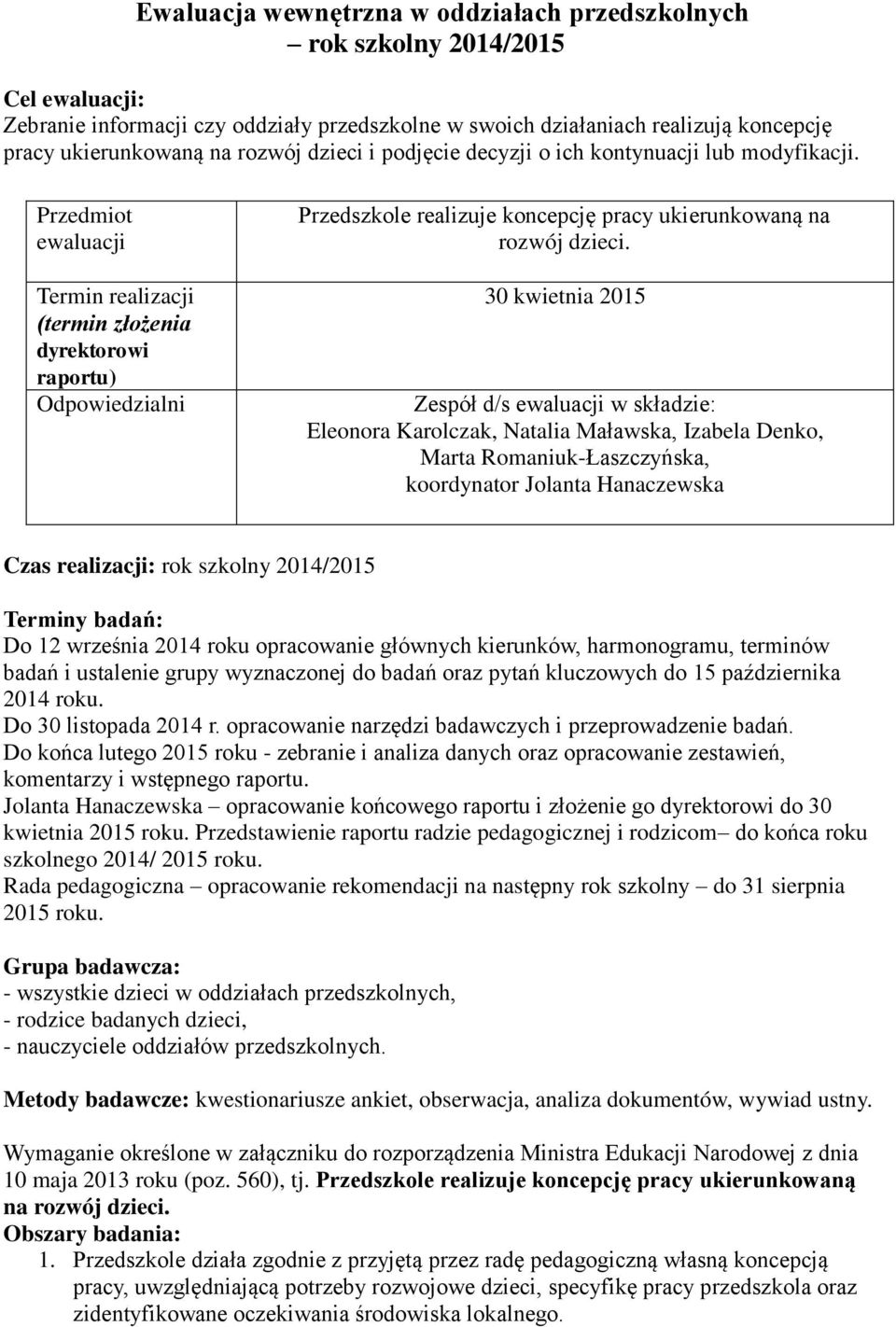 Przedmiot ewaluacji Termin realizacji (termin złożenia dyrektorowi raportu) Odpowiedzialni Przedszkole realizuje koncepcję pracy ukierunkowaną na rozwój dzieci.