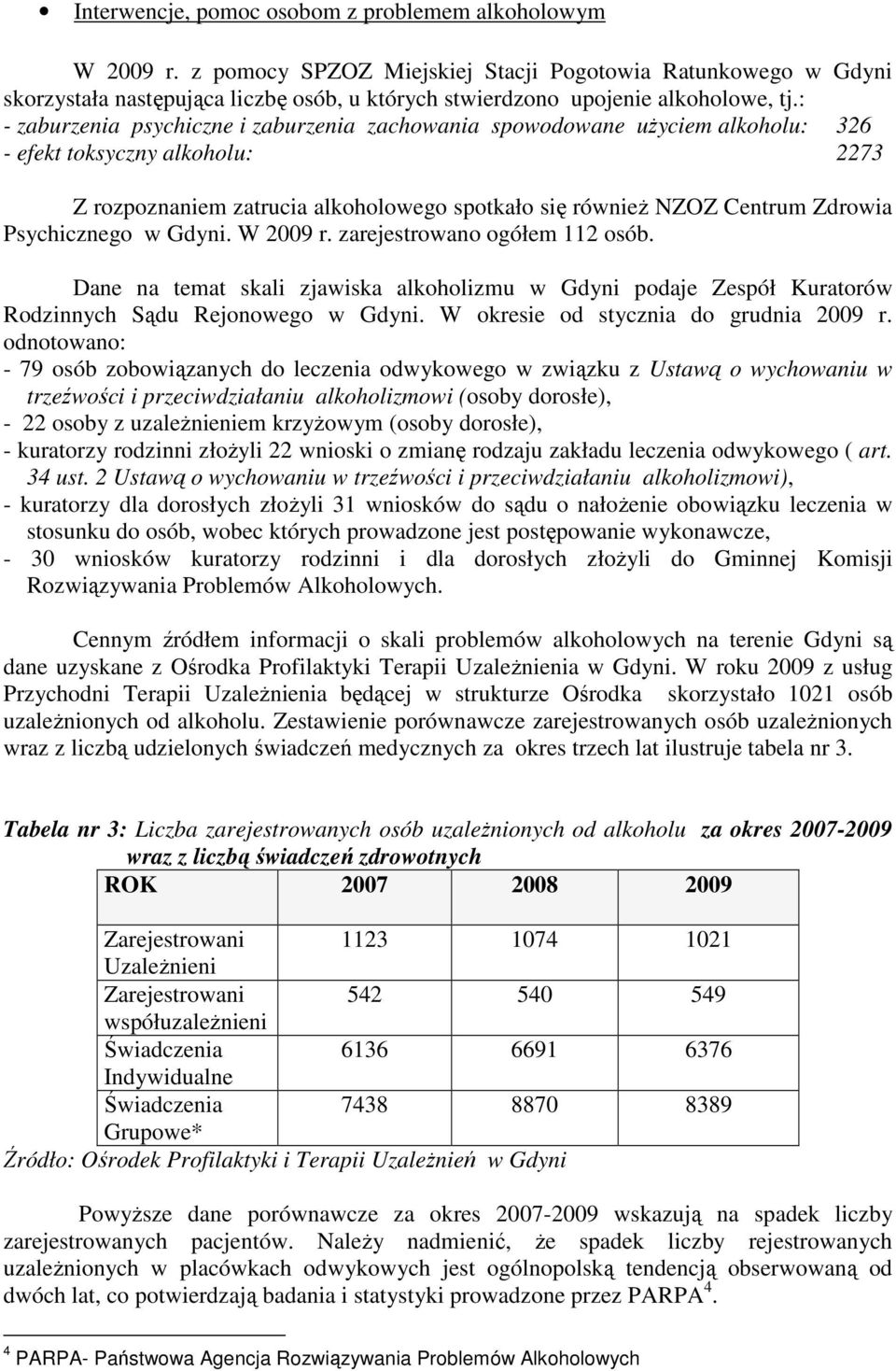 : - zaburzenia psychiczne i zaburzenia zachowania spowodowane uŝyciem alkoholu: 326 - efekt toksyczny alkoholu: 2273 Z rozpoznaniem zatrucia alkoholowego spotkało się równieŝ NZOZ Centrum Zdrowia