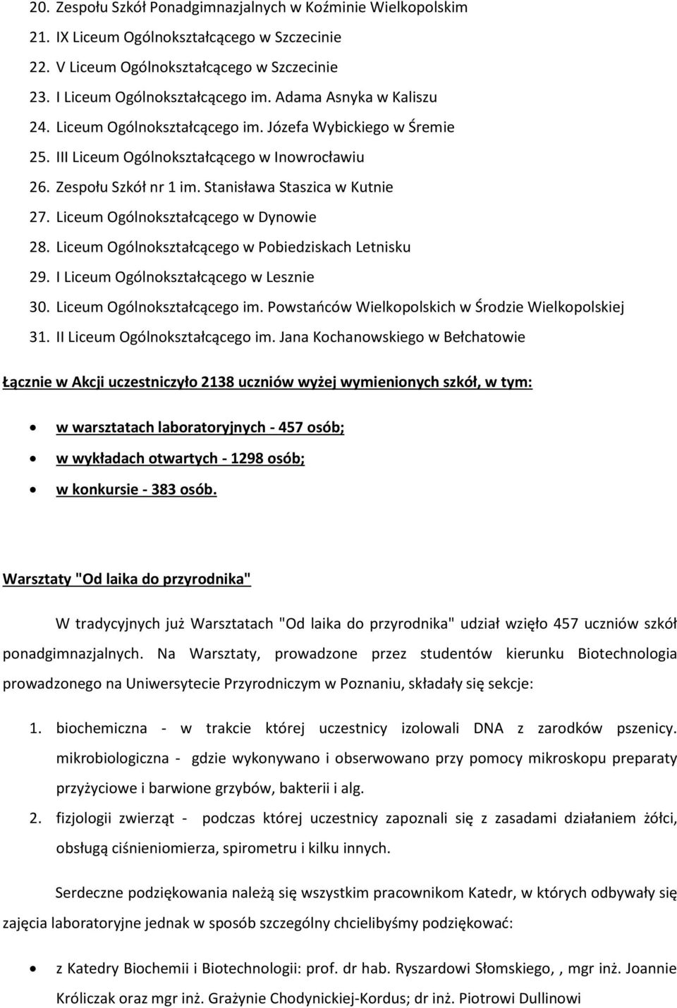 Liceum Ogólnokształcącego w Dynowie 28. Liceum Ogólnokształcącego w Pobiedziskach Letnisku 29. I Liceum Ogólnokształcącego w Lesznie 30. Liceum Ogólnokształcącego im.