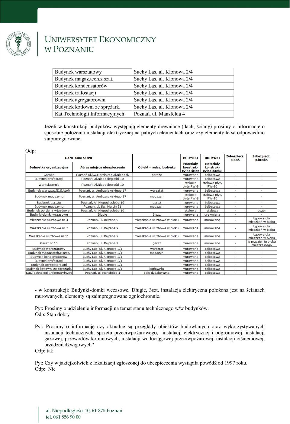 Mansfelda 4 Jeżeli w konstrukcji budynków występują elementy drewniane (dach, ściany) prosimy o informację o sposobie położenia instalacji elektrycznej na palnych elementach oraz czy elementy te są