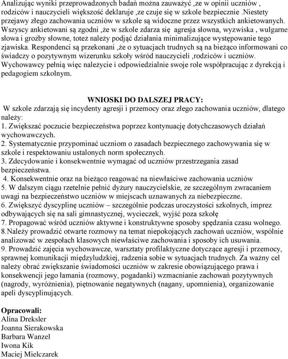 Wszyscy ankietowani są zgodni,że w szkole zdarza się agresja słowna, wyzwiska, wulgarne słowa i groźby słowne, toteż należy podjąć działania minimalizujące występowanie tego zjawiska.