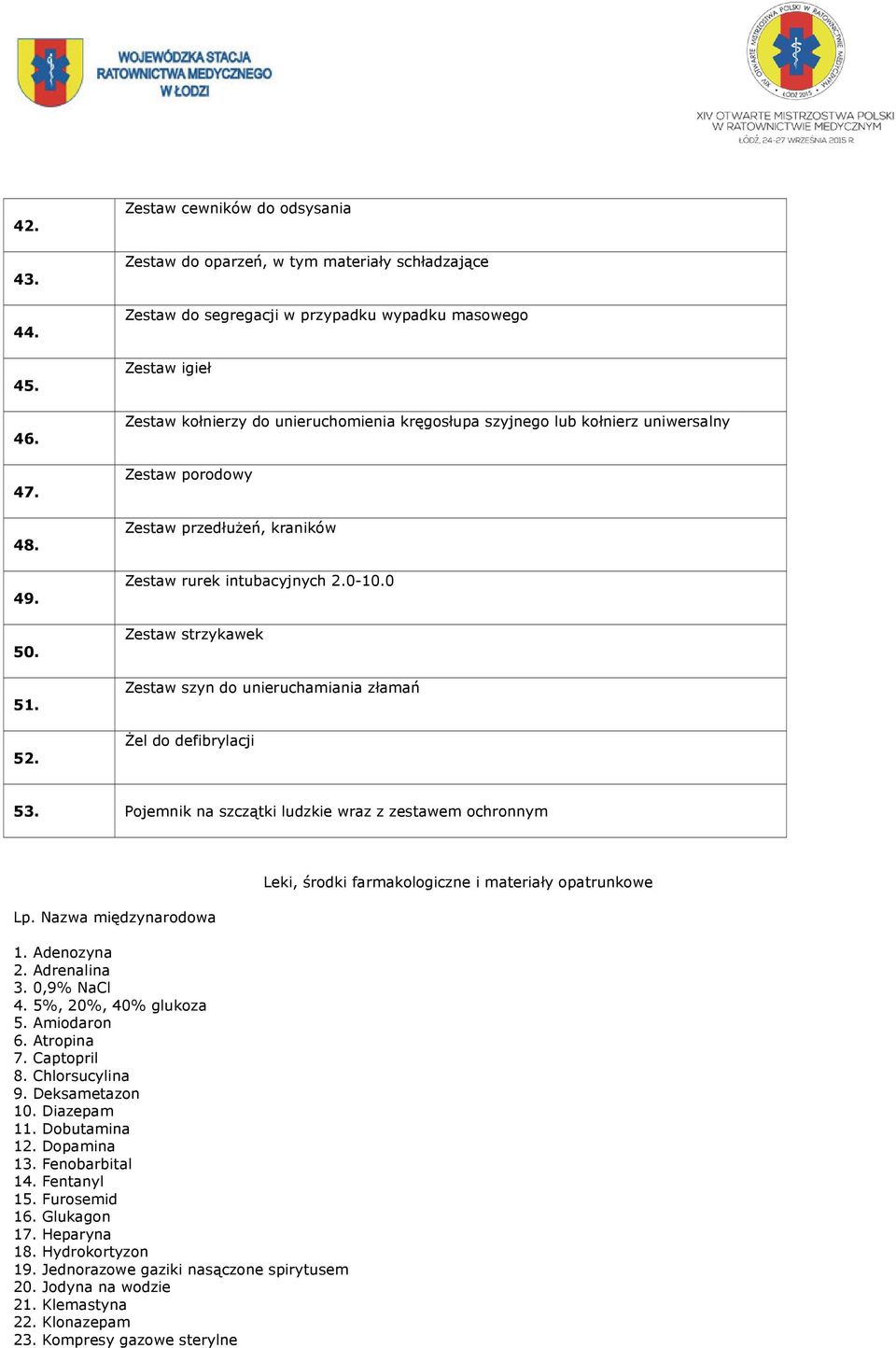 kołnierz uniwersalny Zestaw porodowy Zestaw przedłużeń, kraników Zestaw rurek intubacyjnych 2.0-10.0 Zestaw strzykawek Zestaw szyn do unieruchamiania złamań Żel do defibrylacji 53.