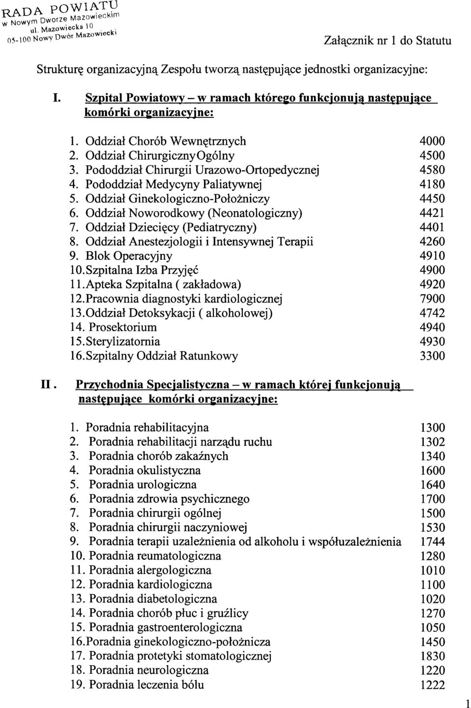 Oddział Noworodkowy (Neonatologiczny) 7. Oddział Dziecięcy (Pediatryczny) 8. Oddział Anestezjologii i Intensywnej Terapii 9. Blok Operacyjny 10.Szpitalna Izba Przyjęć II.