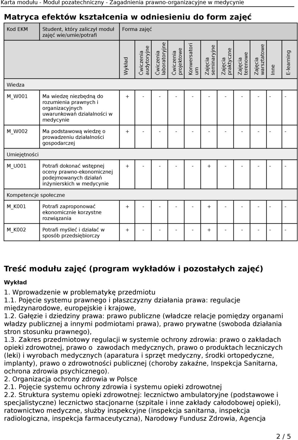 Ma podstawową wiedzę o prowadzeniu działalności gospodarczej Potrafi dokonać wstępnej oceny prawno-ekonomicznej podejmowanych działań inżynierskich w medycynie + - - - - - - - - - - + - - - - - - - -