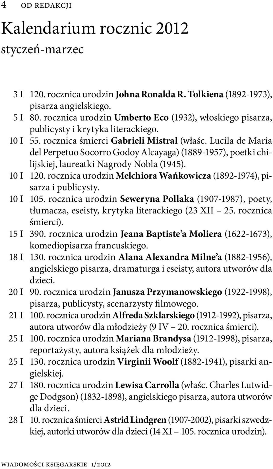 Lucila de Maria del Perpetuo Socorro Godoy Alcayaga) (1889-1957), poetki chilijskiej, laureatki Nagrody Nobla (1945). 10 I 120. rocznica urodzin Melchiora Wańkowicza (1892-1974), pisarza i publicysty.