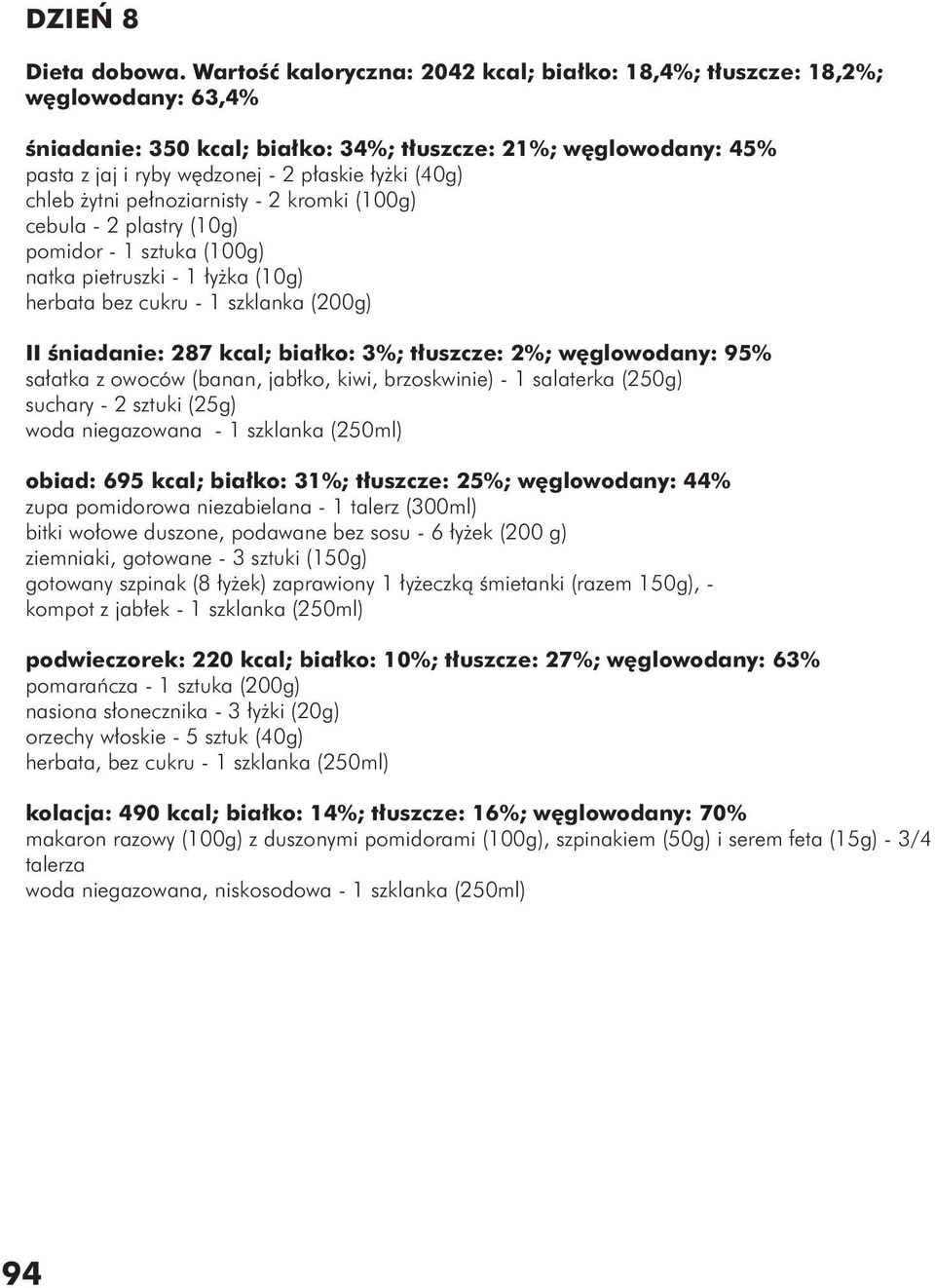 chleb żytni pełnoziarnisty - 2 kromki (100g) cebula - 2 plastry (10g) natka pietruszki - 1 łyżka (10g) herbata bez cukru - 1 szklanka (200g) II śniadanie: 287 kcal; białko: 3%; tłuszcze: 2%;