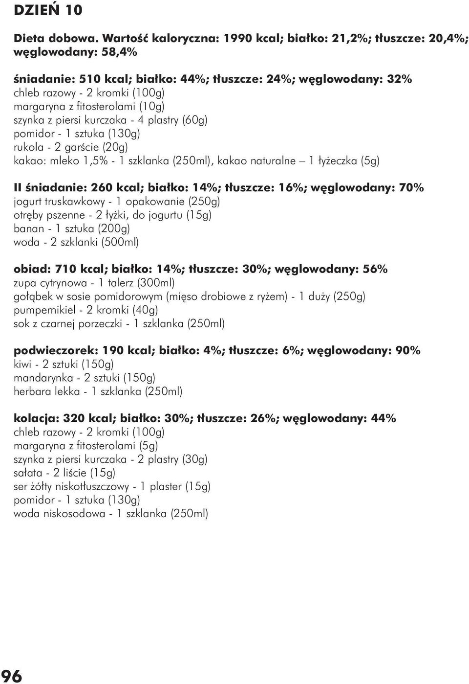 fitosterolami (10g) szynka z piersi kurczaka - 4 plastry (60g) pomidor - 1 sztuka (130g) rukola - 2 garście (20g) kakao: mleko 1,5% - 1 szklanka (250ml), kakao naturalne 1 łyżeczka (5g) II śniadanie: