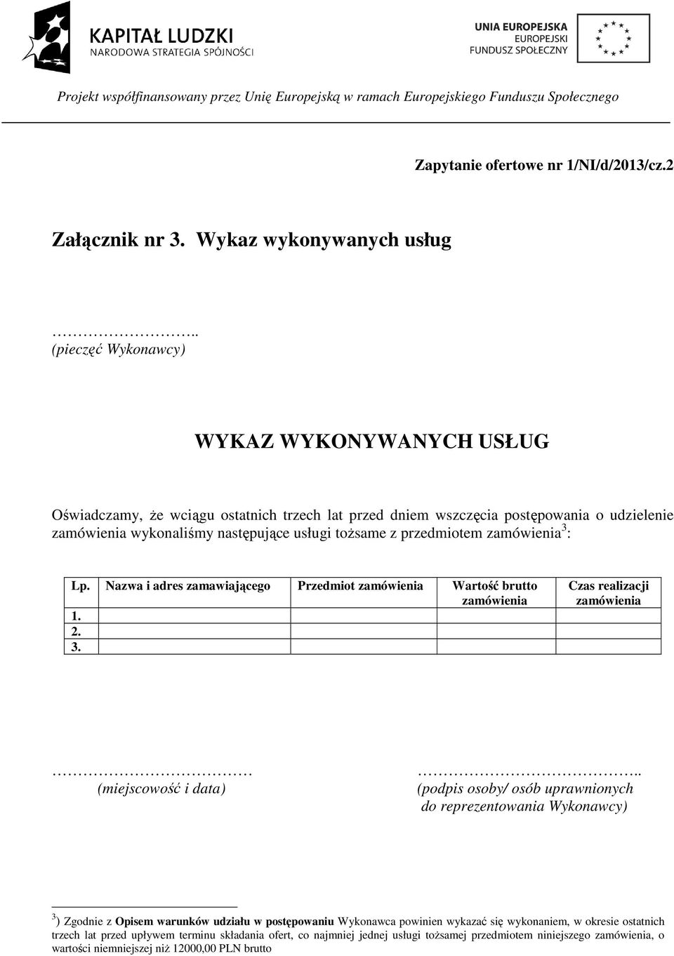 przedmiotem zamówienia 3 : Lp. Nazwa i adres zamawiającego Przedmiot zamówienia Wartość brutto zamówienia 1. 2. 3. Czas realizacji zamówienia (miejscowość i data).