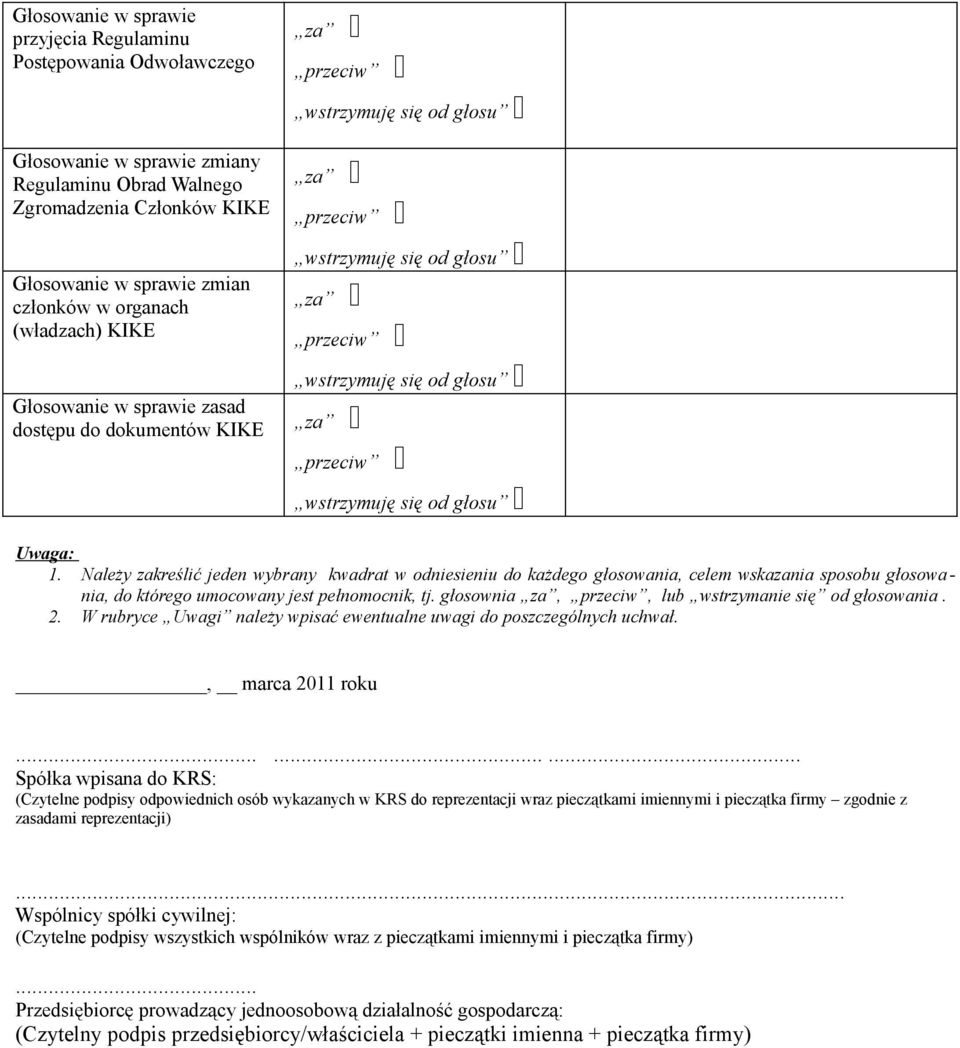 głosownia za, przeciw, lub wstrzymanie się od głosowania. 2. W rubryce Uwagi należy wpisać ewentualne uwagi do poszczególnych uchwał., marca 2011 roku.