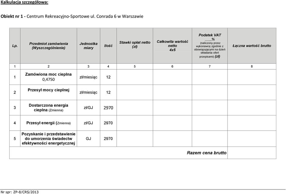 ..% (naliczony przez wykonawcę zgodnie z obowiązującymi na dzień składania ofert przepisami) (zł) Łączna wartość brutto 1 2 3 4 5 6 7 8 1 2 Zamówiona moc