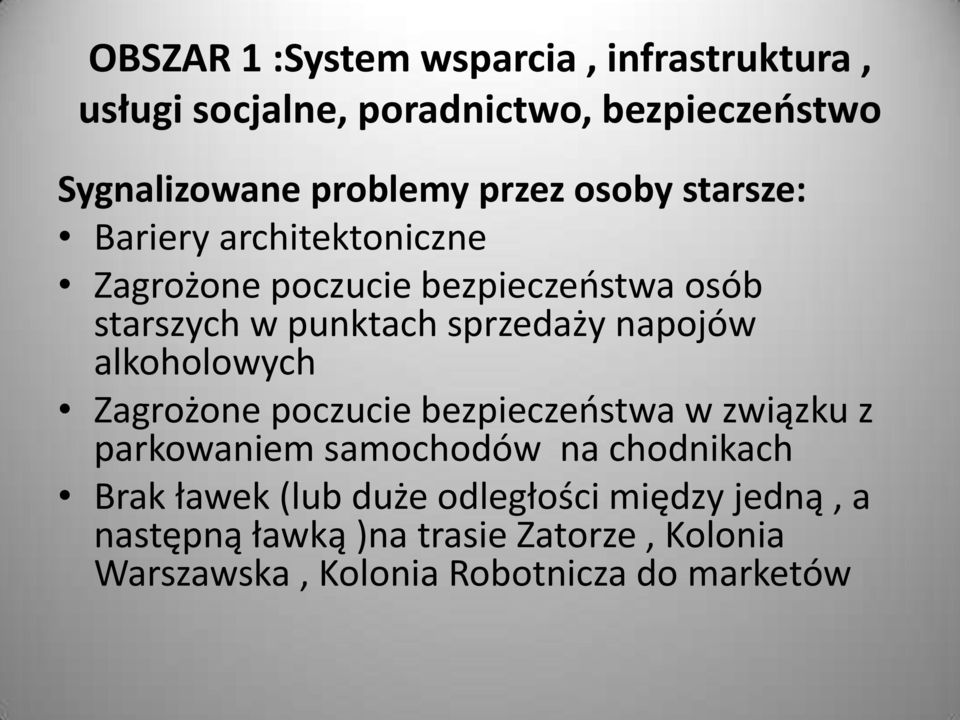 napojów alkoholowych Zagrożone poczucie bezpieczeństwa w związku z parkowaniem samochodów na chodnikach Brak ławek