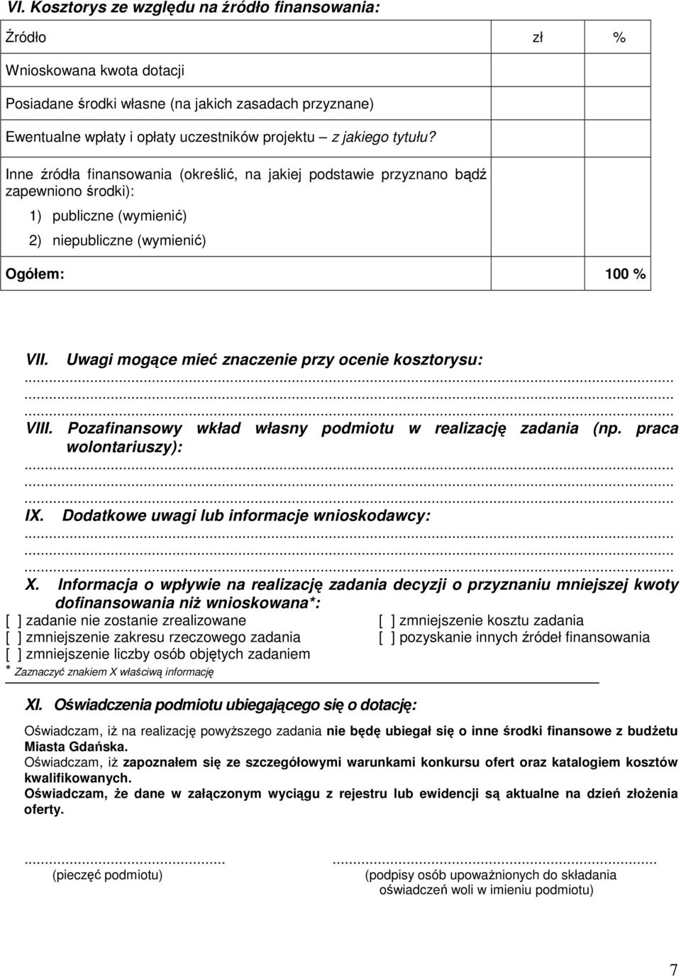 Uwagi mogące mieć znaczenie przy ocenie kosztorysu: VIII. Pozafinansowy wkład własny podmiotu w realizację zadania (np. praca wolontariuszy): IX. Dodatkowe uwagi lub informacje wnioskodawcy: X.