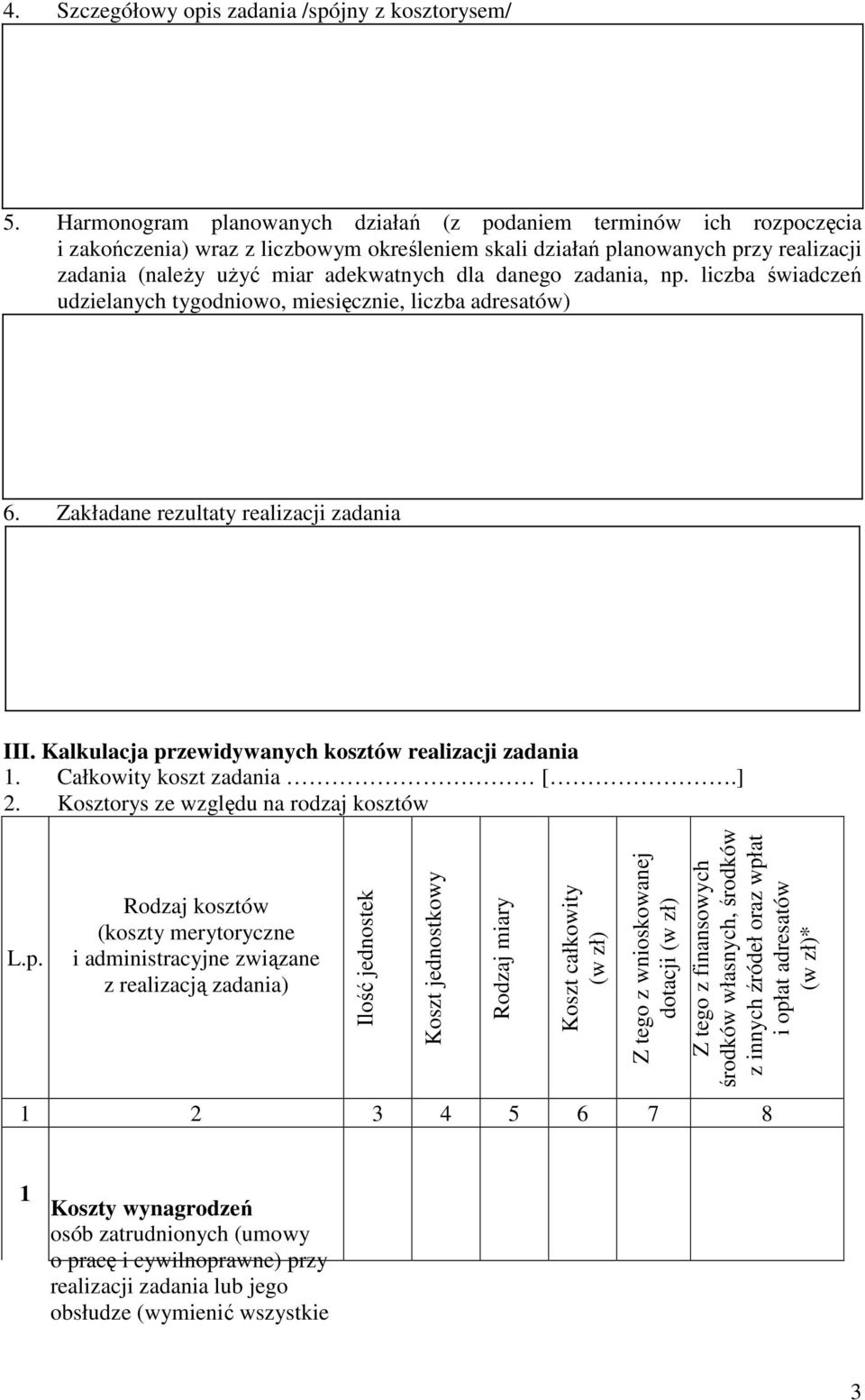 danego zadania, np. liczba świadczeń udzielanych tygodniowo, miesięcznie, liczba adresatów) 6. Zakładane rezultaty realizacji zadania III. Kalkulacja przewidywanych kosztów realizacji zadania 1.