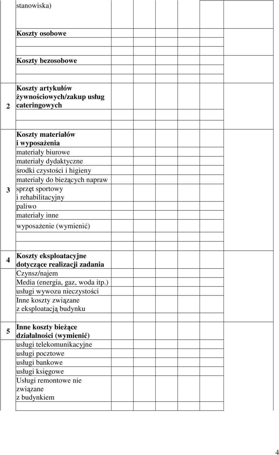 5 Koszty eksploatacyjne dotyczące realizacji zadania Czynsz/najem Media (energia, gaz, woda itp.
