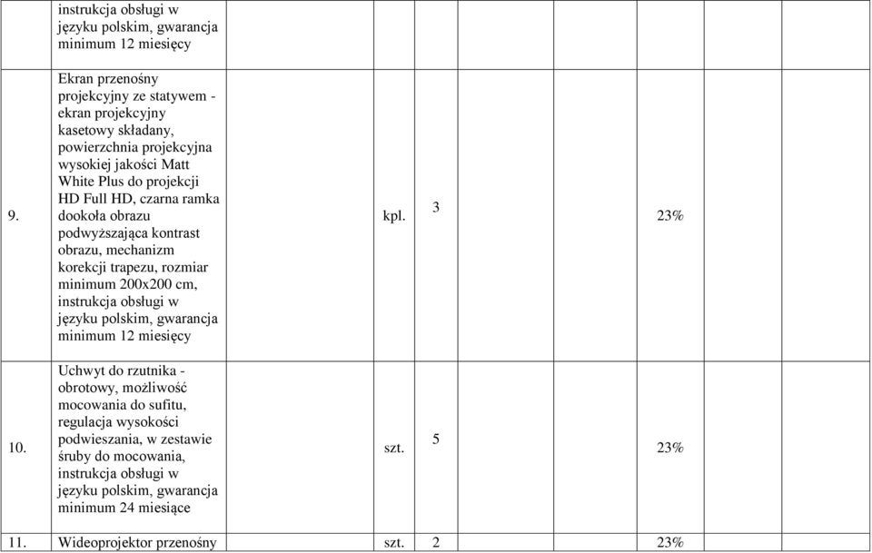 czarna ramka dookoła obrazu podwyższająca kontrast obrazu, mechanizm korekcji trapezu, rozmiar minimum 200x200 cm, instrukcja obsługi w języku polskim, gwarancja