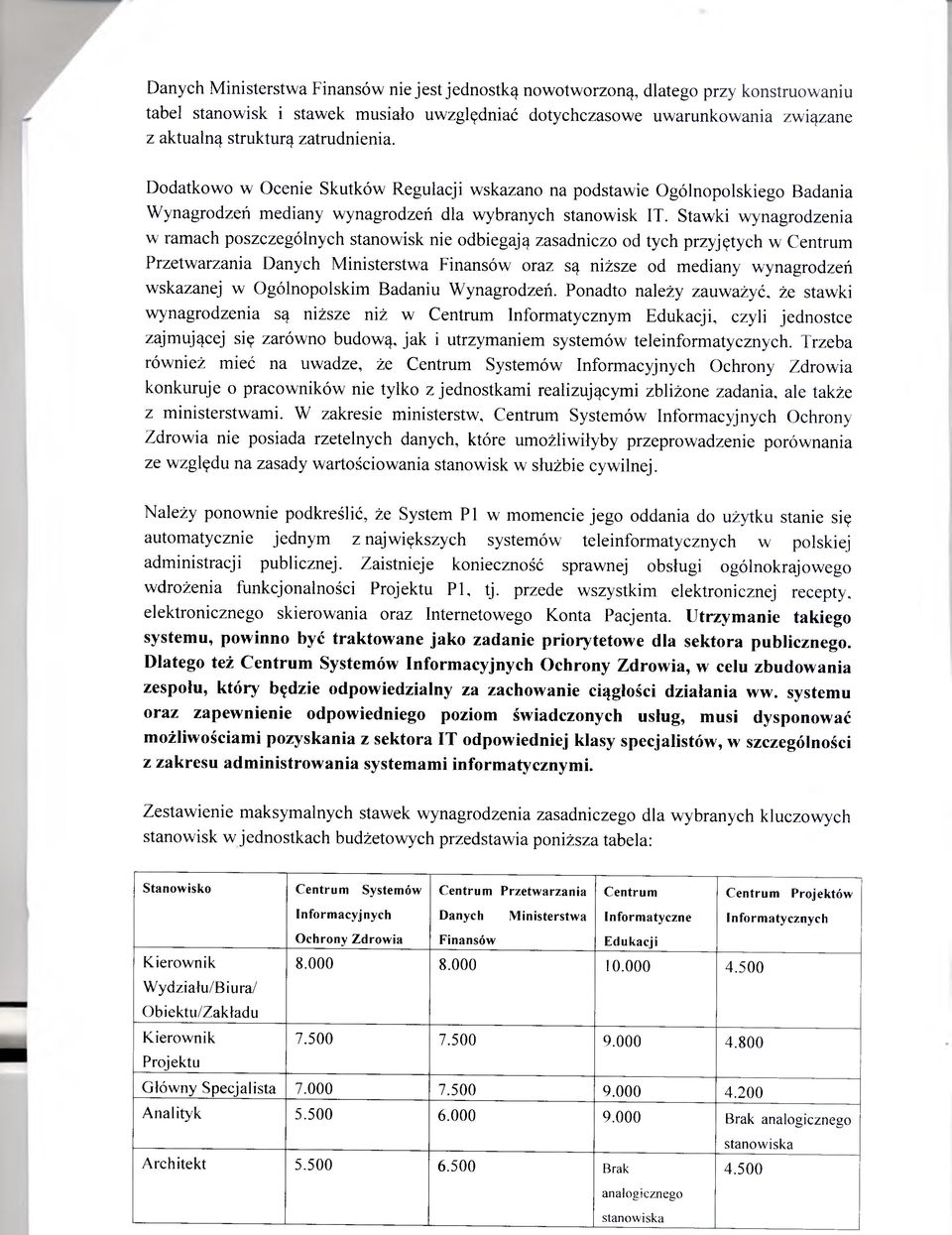 Stawki wynagrodzenia w ramach poszczególnych stanowisk nie odbiegają zasadniczo od tych przyjętych w Centrum Przetwarzania Danych Ministerstwa Finansów oraz są niższe od mediany wynagrodzeń wskazanej