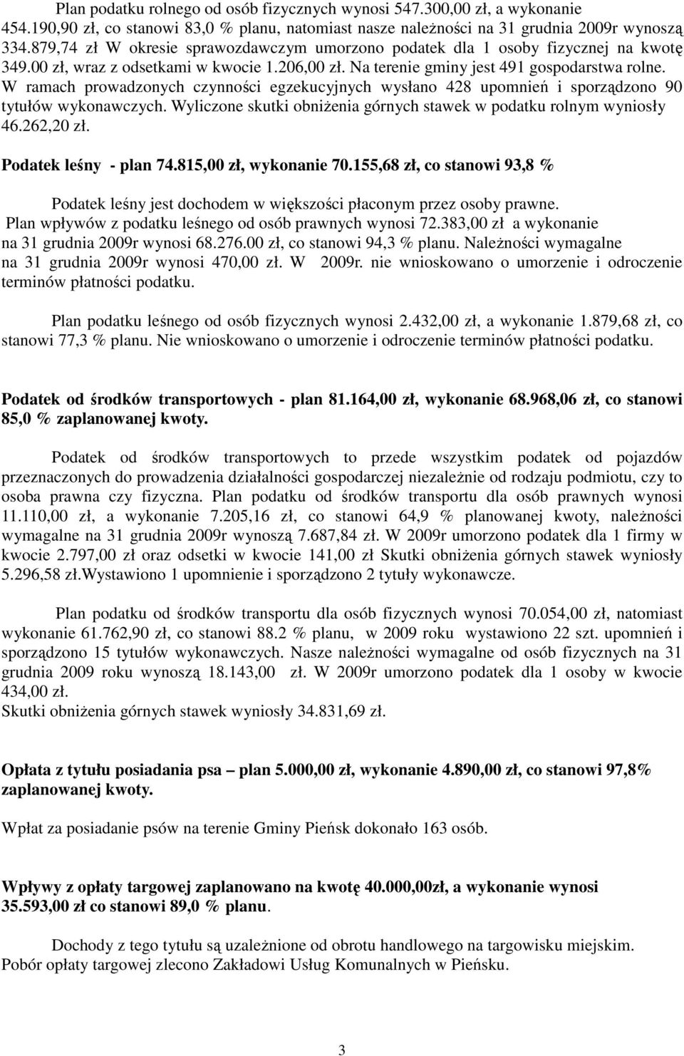 W ramach prowadzonych czynności egzekucyjnych wysłano 428 upomnień i sporządzono 90 tytułów wykonawczych. Wyliczone skutki obniŝenia górnych stawek w podatku rolnym wyniosły 46.262,20 zł.