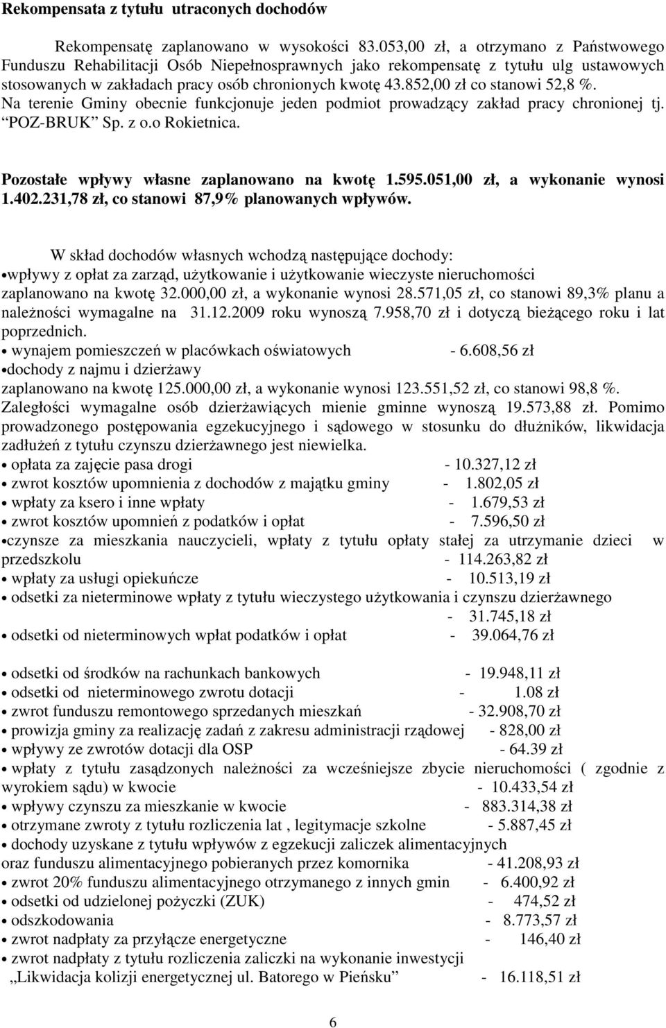 852,00 zł co stanowi 52,8 %. Na terenie Gminy obecnie funkcjonuje jeden podmiot prowadzący zakład pracy chronionej tj. POZ-BRUK Sp. z o.o Rokietnica. Pozostałe wpływy własne zaplanowano na kwotę 1.