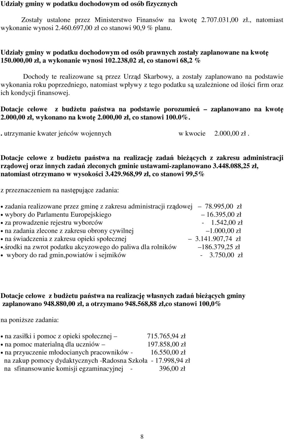 238,02 zł, co stanowi 68,2 % Dochody te realizowane są przez Urząd Skarbowy, a zostały zaplanowano na podstawie wykonania roku poprzedniego, natomiast wpływy z tego podatku są uzaleŝnione od ilości