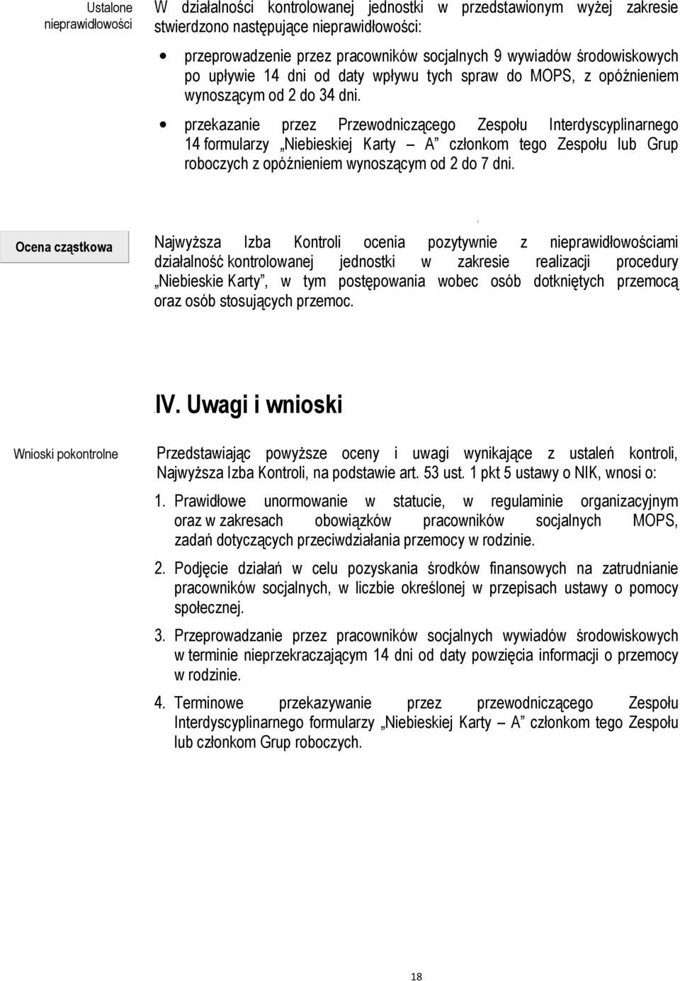 przekazanie przez Przewodniczącego Zespołu Interdyscyplinarnego 14 formularzy Niebieskiej Karty A członkom tego Zespołu lub Grup roboczych z opóźnieniem wynoszącym od 2 do 7 dni.