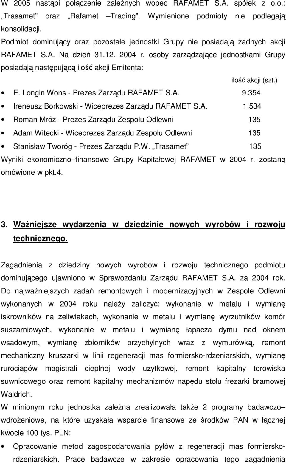 ) E. Longin Wons - Prezes Zarzdu RAFAMET S.A. 9.354 Ireneusz Borkowski - Wiceprezes Zarzdu RAFAMET S.A. 1.