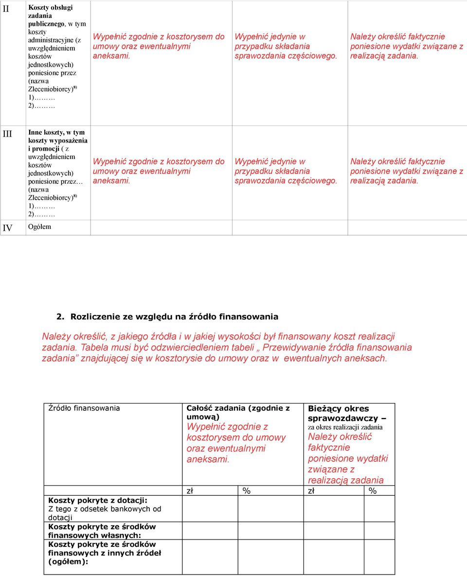 III Inne koszty, w tym koszty wyposażenia i promocji ( z uwzględnieniem kosztów jednostkowych) poniesione przez (nazwa Zleceniobiorcy) 8) 1) 2) Wypełnić zgodnie z kosztorysem do umowy oraz