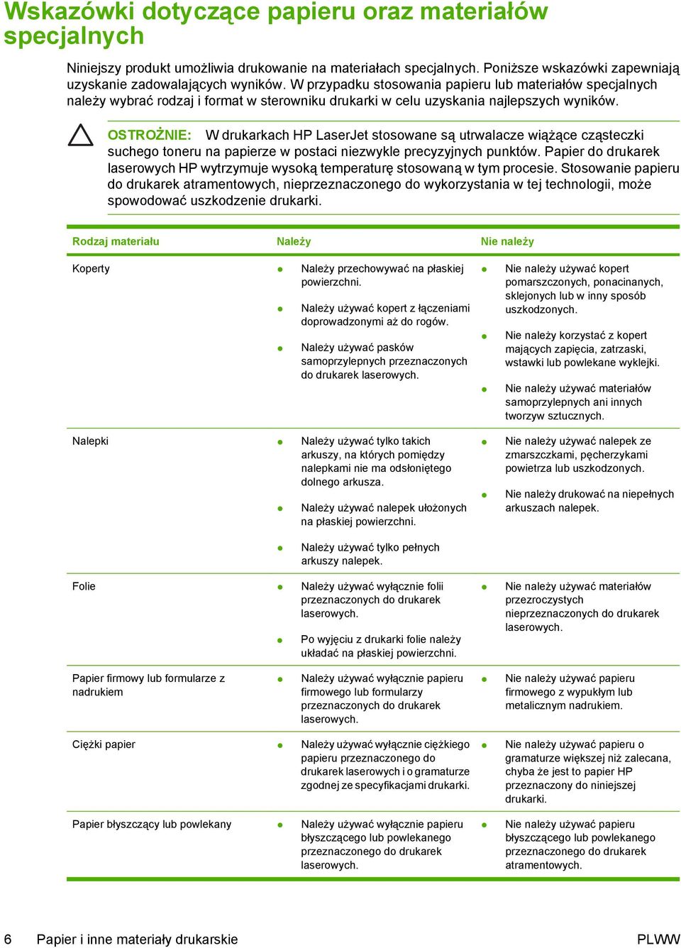 OSTROŻNIE: W drukarkach HP LaserJet stosowane są utrwalacze wiążące cząsteczki suchego toneru na papierze w postaci niezwykle precyzyjnych punktów.