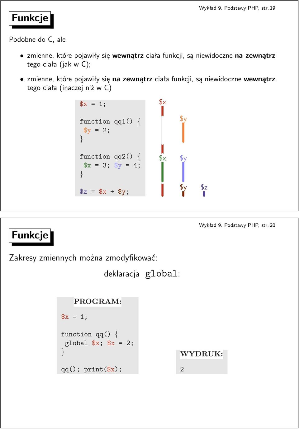 tegociała(inaczejniżwc) $x=1; $x functionqq1() { $y=2; functionqq2() { $x=3;$y=4; $z=$x+$y; $x $y $y $y $z Funkcje Wykład 9