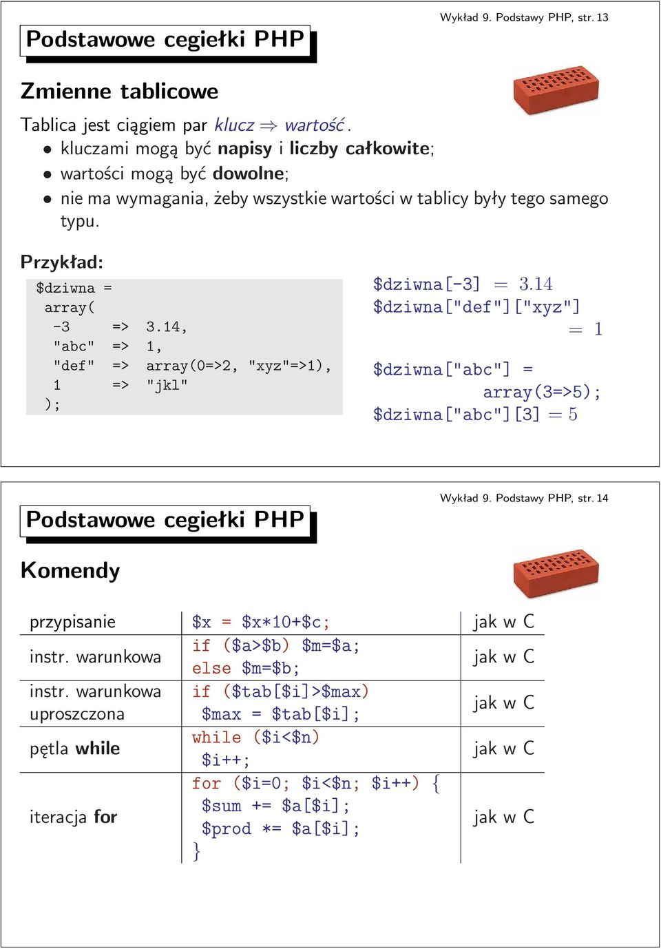 $dziwna["def"]["xyz"] =1 $dziwna["abc"]= array(3=>5); $dziwna["abc"][3]=5 Podstawowe cegiełki PHP Wykład 9 Podstawy PHP, str 14 Komendy przypisanie $x = $x*10+$c; jak w C if($a>$b) $m=$a;