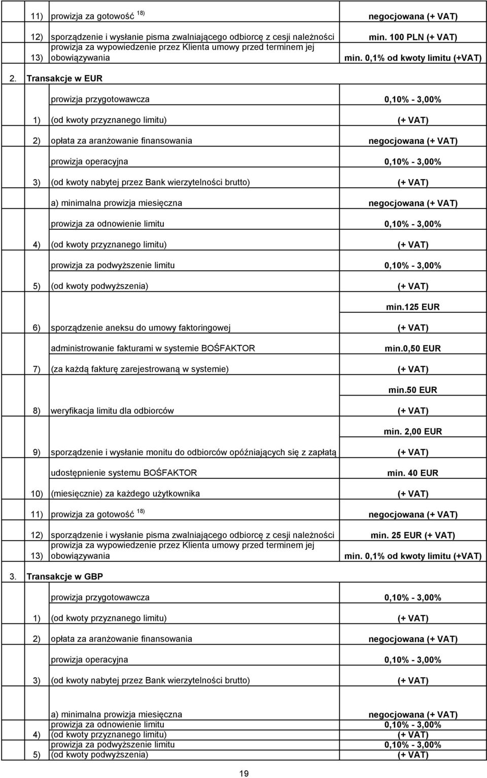 0,1% od kwoty limitu (+VAT) Transakcje w EUR prowizja przygotowawcza 0,10% - 3,00% 1) (od kwoty przyznanego limitu) 2) opłata za aranżowanie finansowania prowizja operacyjna 0,10% - 3,00% 3) (od