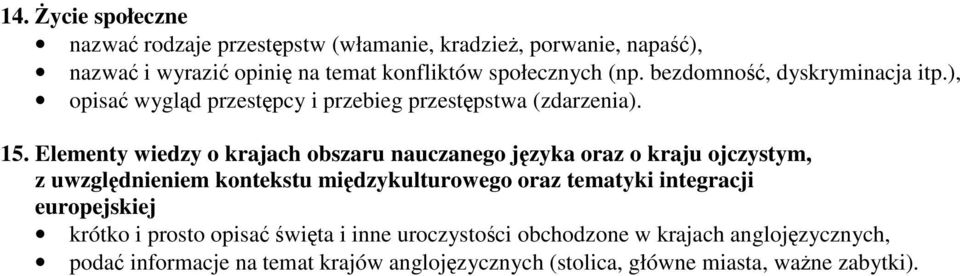 Elementy wiedzy o krajach obszaru nauczanego języka oraz o kraju ojczystym, z uwzględnieniem kontekstu międzykulturowego oraz tematyki integracji