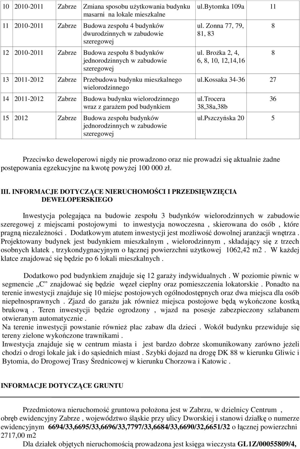 budynkiem 15 2012 Zabrze Budowa zespołu budynków jednorodzinnych w zabudowie szeregowej ul.bytomka 109a 11 ul. Zonna 77, 79, 81, 83 ul. Brożka 2, 4, 6, 8, 10, 12,14,16 ul.kossaka 34-36 27 ul.