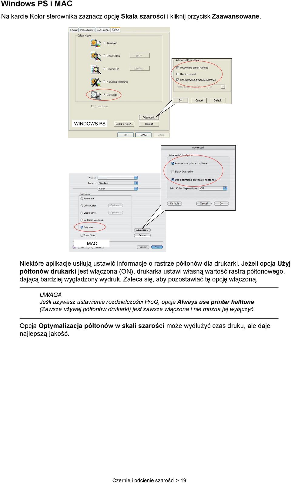 Jeżeli opcja Użyj półtonów drukarki jest włączona (ON), drukarka ustawi własną wartość rastra półtonowego, dającą bardziej wygładzony wydruk.