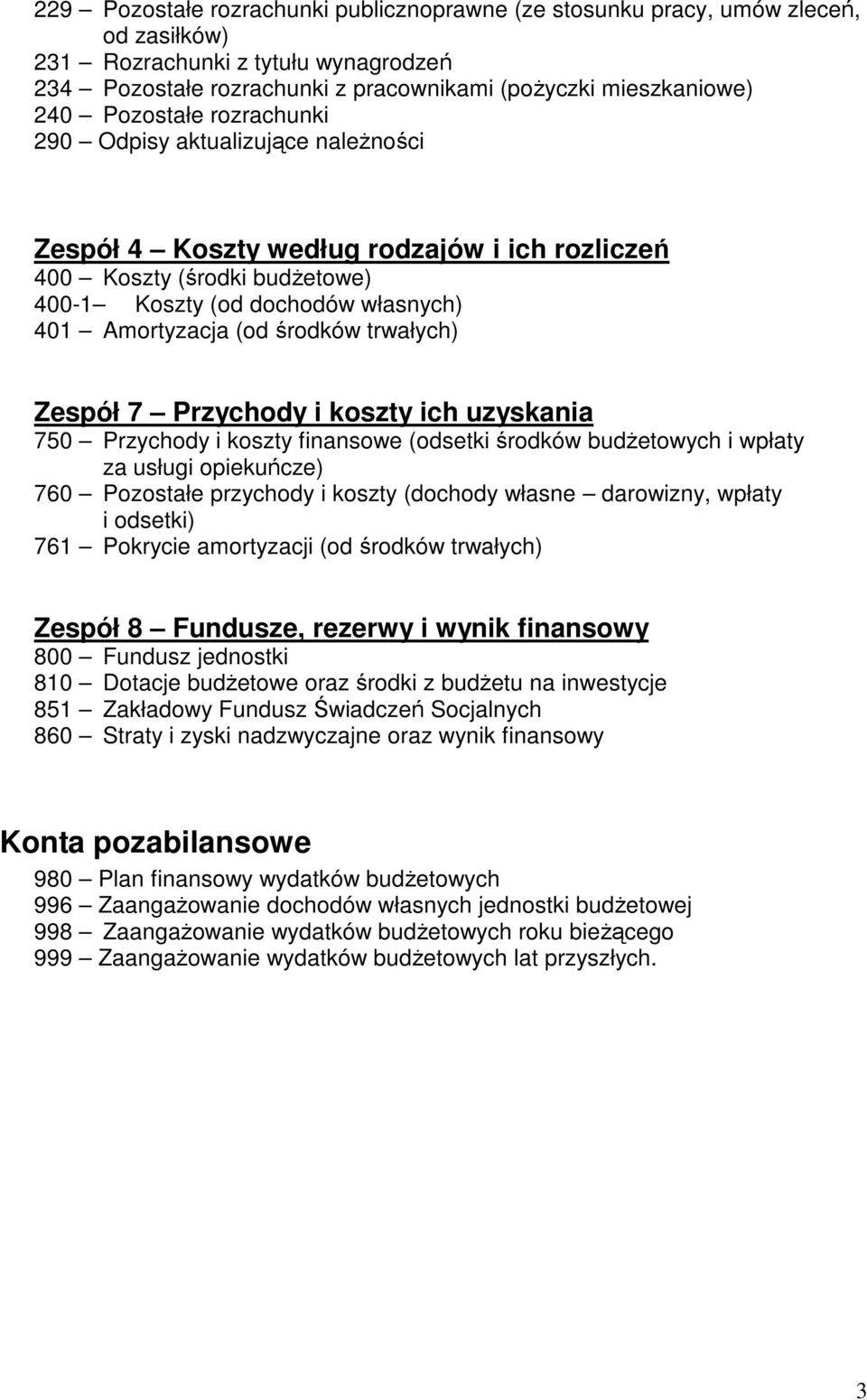 trwałych) Zespół 7 Przychody i koszty ich uzyskania 750 Przychody i koszty finansowe (odsetki środków budŝetowych i wpłaty za usługi opiekuńcze) 760 Pozostałe przychody i koszty (dochody własne