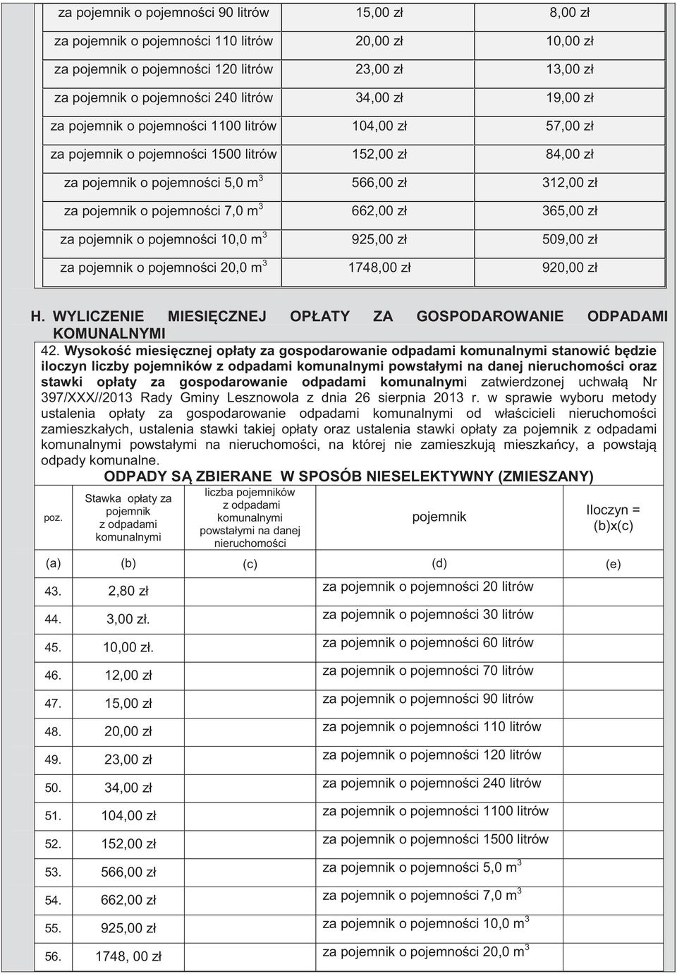 509,00 zł za o pojemności 20,0 m 3 1748,00 zł 920,00 zł H. WYLICZENIE MIESIĘCZNEJ OPŁATY ZA GOSPODAROWANIE ODPADAMI KOMUNALNYMI 42.