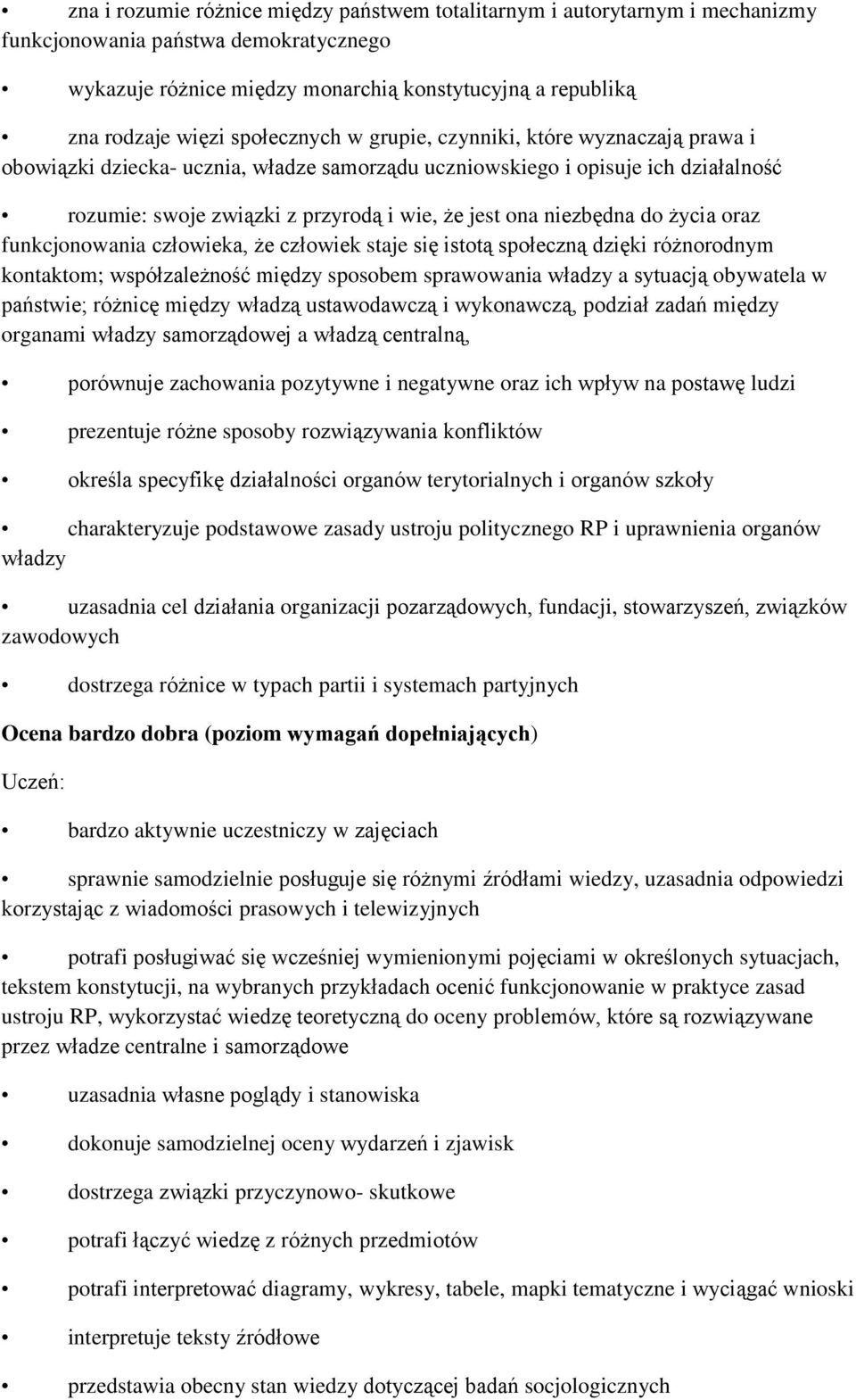 niezbędna do życia oraz funkcjonowania człowieka, że człowiek staje się istotą społeczną dzięki różnorodnym kontaktom; współzależność między sposobem sprawowania władzy a sytuacją obywatela w